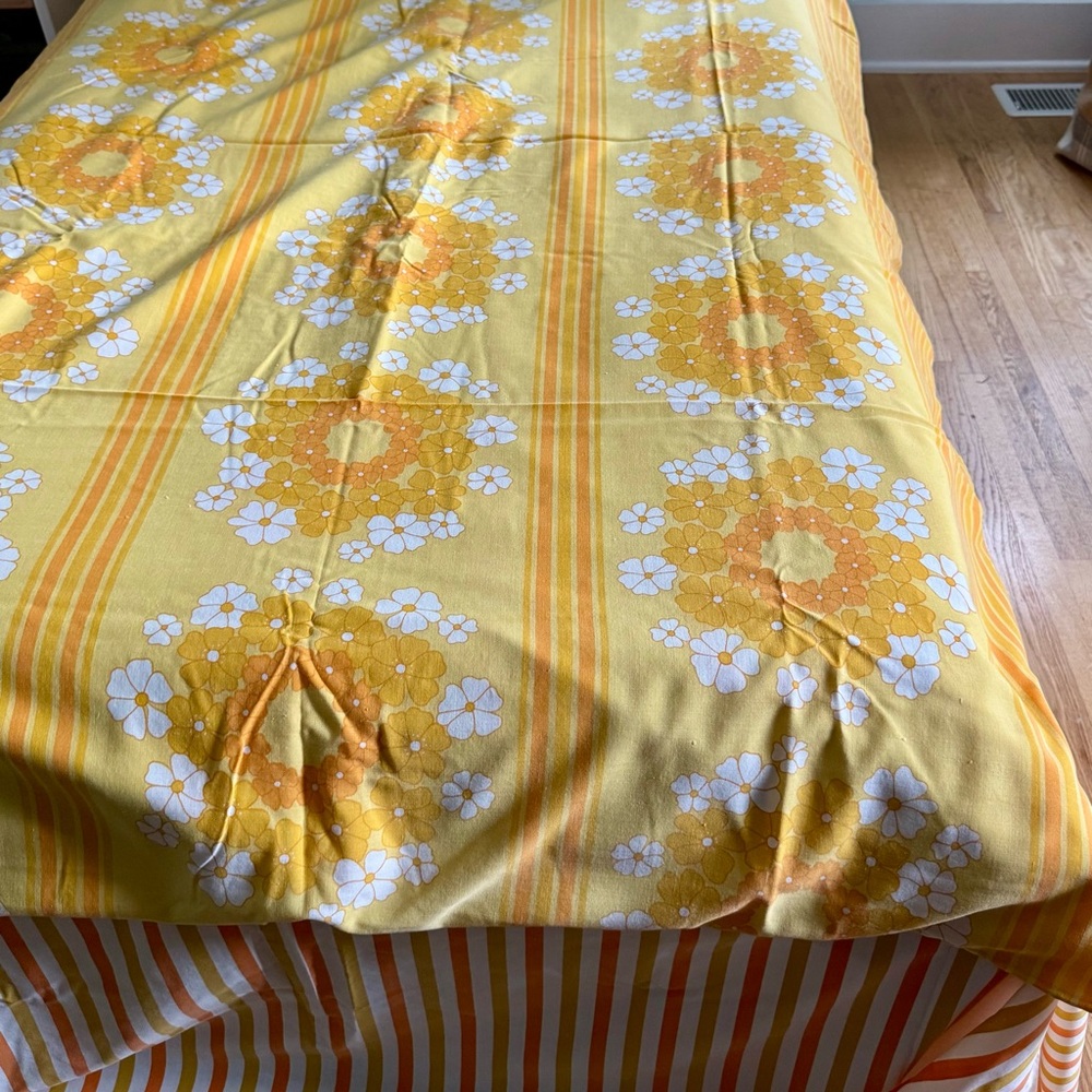 Vtg JC Penney Flat Fitted Pillowcase Duvet Twin Yellow Goldenrod Stripes 70s - Picture 12 of 16